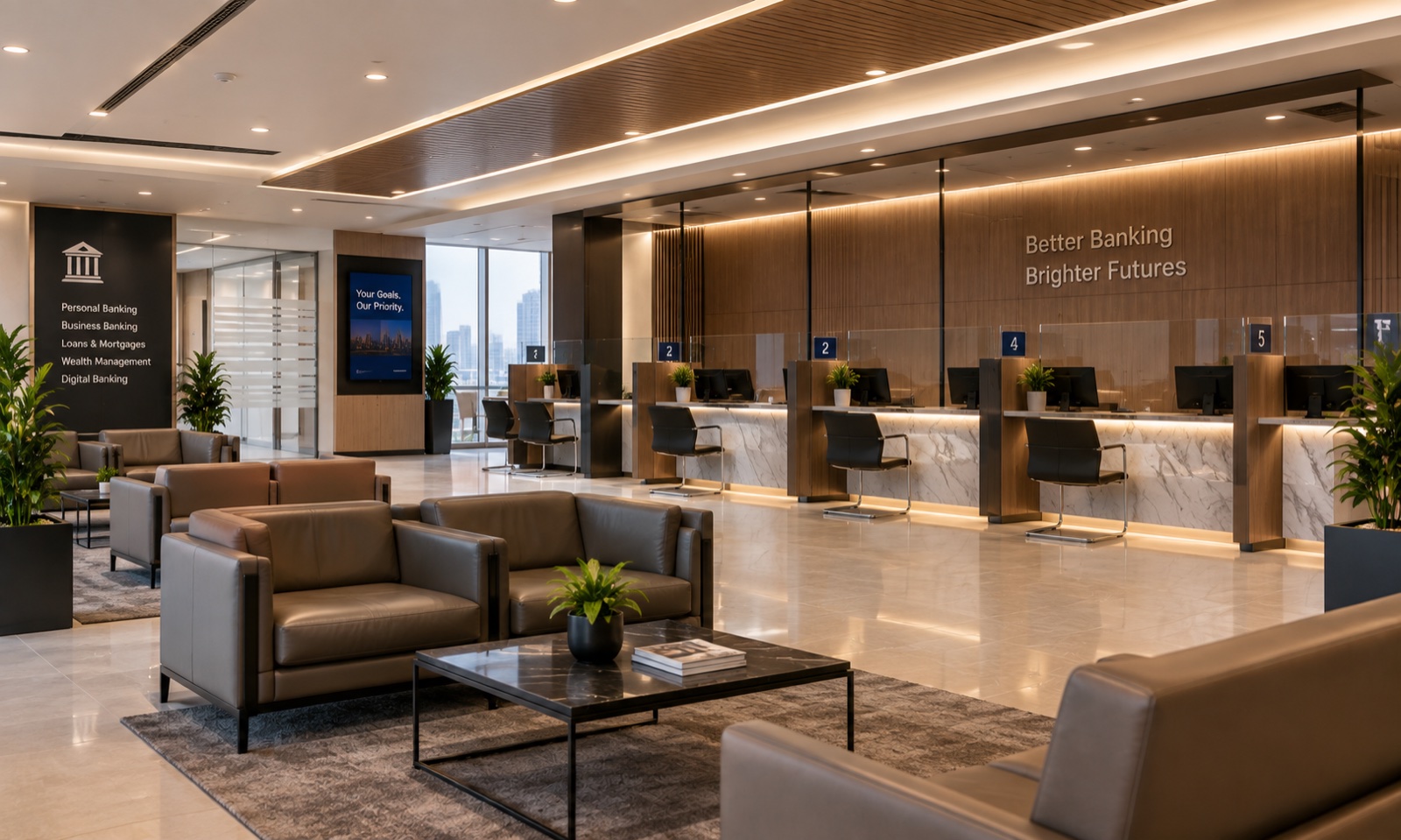 Modern bank interior with customer seating and teller counters