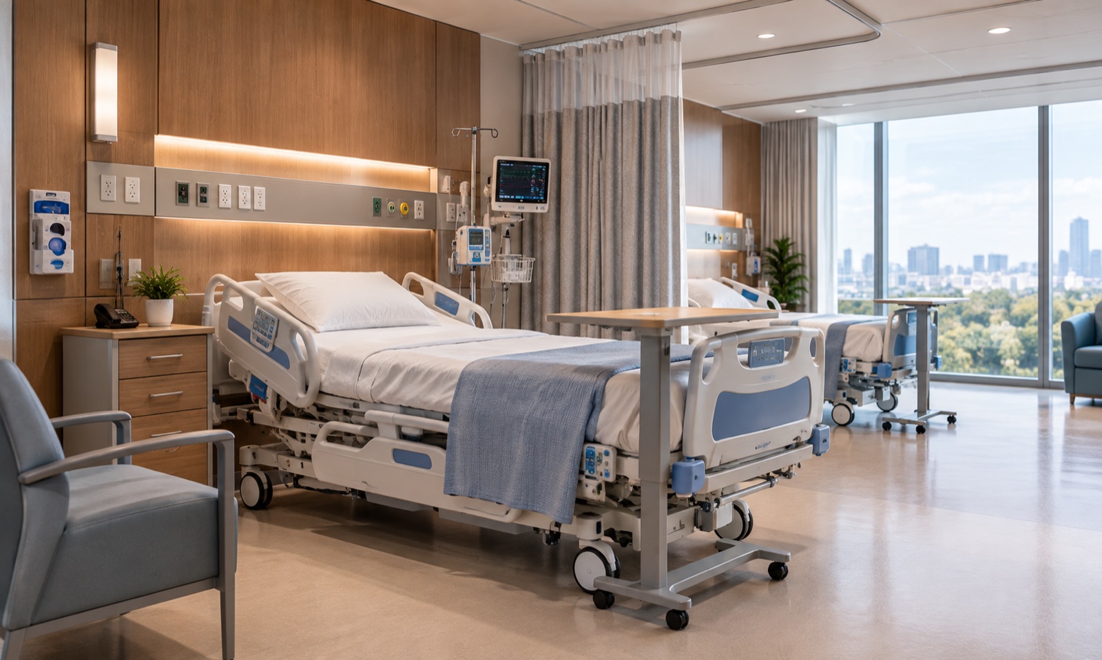 Modern hospital patient room with clinical furniture